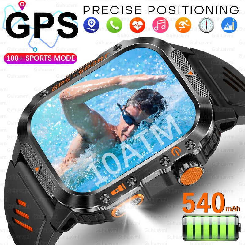2026 Novas pulseiras inteligentes militares de GPS para ambientes externos, bússola masculina, frequência cardíaca, chamada BT, lanterna LED, Smartwatch à prova d'água 10ATM para natação