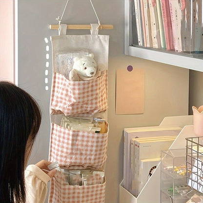 Multi-pocket Hanging Pink Checkered Storage Bag Fabric Hanging Bag Cute Pink Space Saving Style Bedroom Organizers and Storage