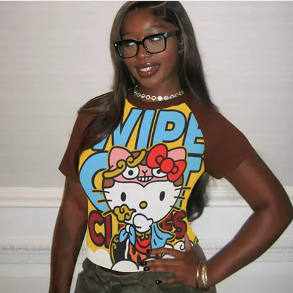 2025 New Hello Kitty T-shirt Anime Sanrio Fashion Short Tops Y2k Summer Cute Tees Cartoon Print High Street Women's Short Sleeve