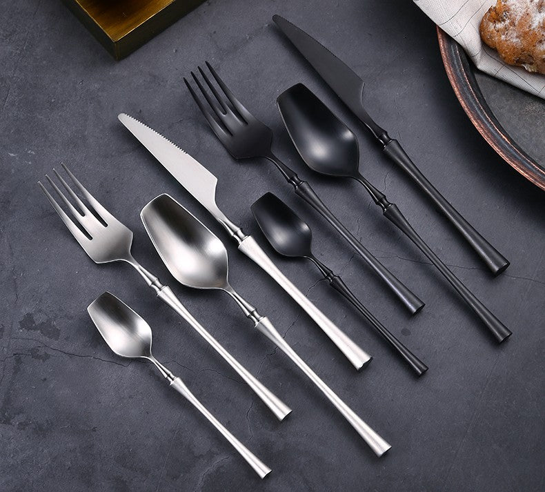 Conjunto de Talheres 24 Peças Aço Inox Fosco Preto Dourado Jogo de Talheres de Mesa Faca Colher Garfo Lavável em Lava-louças