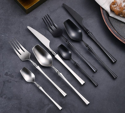 Conjunto de Talheres 24 Peças Aço Inox Fosco Preto Dourado Jogo de Talheres de Mesa Faca Colher Garfo Lavável em Lava-louças