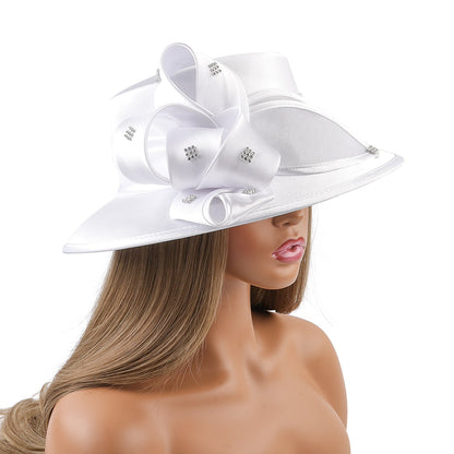 Deluxe New White Church Hat Party Banquet Satin Cloth Photography Hats Premium Chains Formal Hat Flower Top Cap For Women Ladies