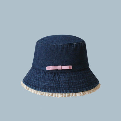 Retro Big Brimmed Denim Bucket Hat Bow Tie Y2K Lace Fisherman Hat Korean Style UV Protection Bow Sunscreen Hat Outdoor