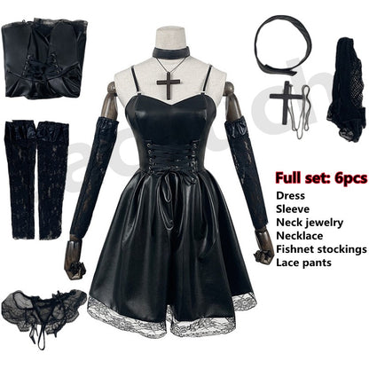 Death Note Cosplay Costume Misa Amane Imitation Leather Sexy Dress +Neck jewelry+stockings+necklace Uniform Outfit Halloween Wig