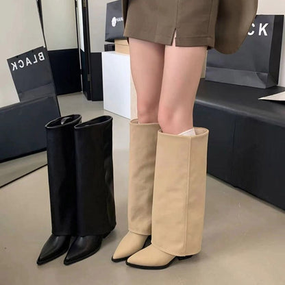 Women Pointed Toe High Boots Fashion Sexy Mid Heels Shoes Woman Chunky Trend Chelsea Boots Pumps Elegant Mujer Snow Goth Botas