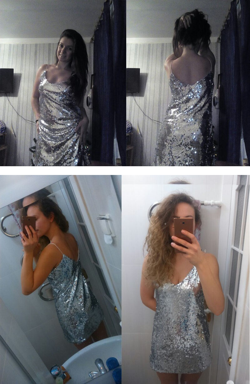 Deep V Neck Autumn Silver Sequined Backless Sexy Dress Women Off Shoulder Mini Dress Christmas Party Club Strap Dresses Vestidos