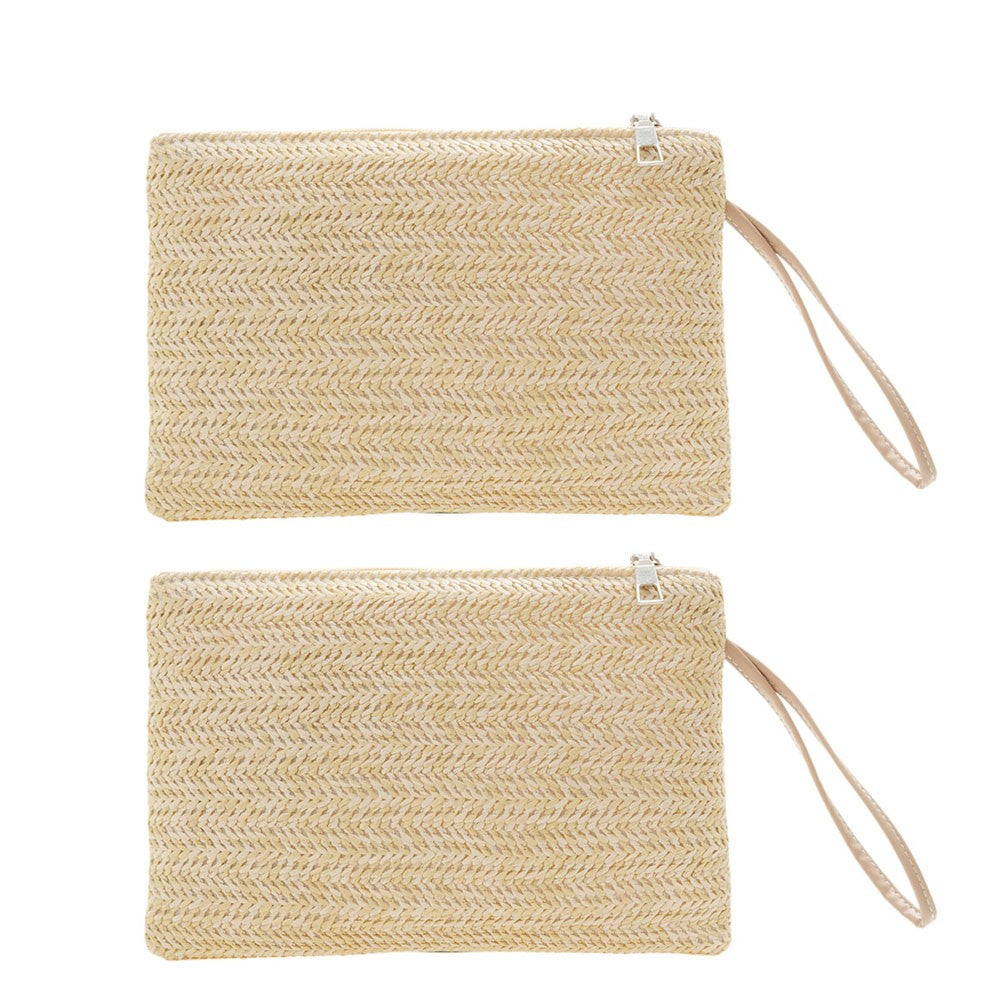Women Girls Fashion Clutch Solid Straw Wristlet Bag Ladies Beach Summer Handbags Purse Daily Money Coin Phone Card Bag