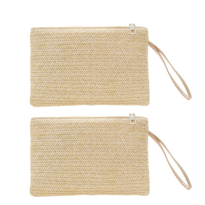 Women Girls Fashion Clutch Solid Straw Wristlet Bag Ladies Beach Summer Handbags Purse Daily Money Coin Phone Card Bag