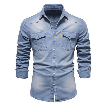 2025 Spring Men's Denim Shirt 100% Cotton Elastic Casual Slim Fit Streetwear Clothing Long Sleeve Multiple Pockets Cowboy Shirts