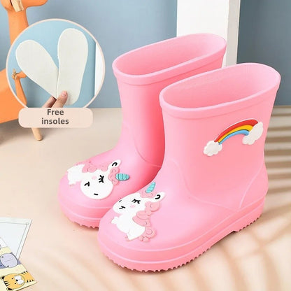 Children's Fleece-Lined Non-Slip Rain Boots For Boys And Girls Cartoon Cute Princess Style Anti-Slip Four Seasons Kids Shoes