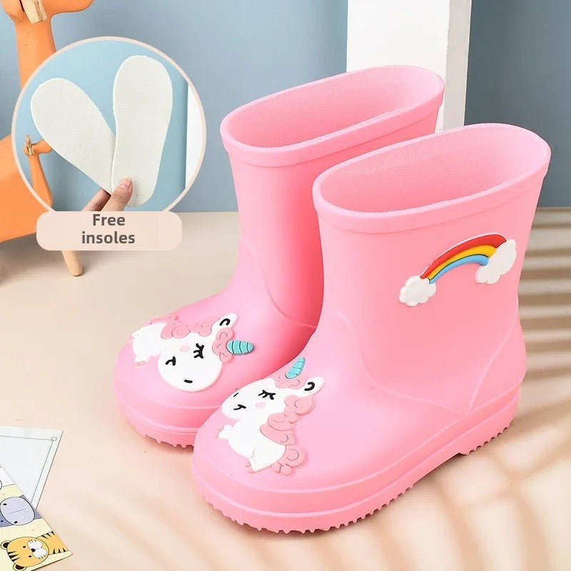 Children's Fleece-Lined Non-Slip Rain Boots For Boys And Girls Cartoon Cute Princess Style Anti-Slip Four Seasons Kids Shoes