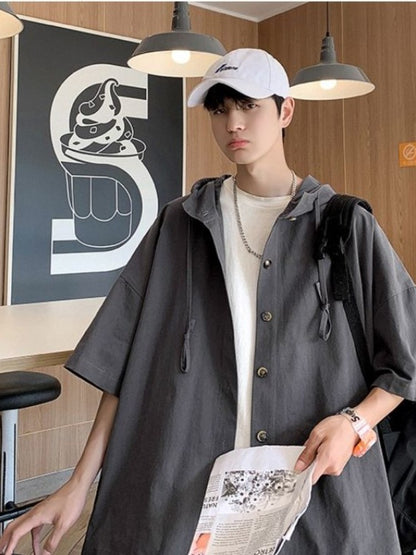 Gmiixder Hooded Short-sleeved Shirts for Men Women Japan Summer Trend Cityboy Solid Blouse Unisex Cargo Button Up Shirt Jacket