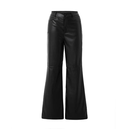 Leather Pants For Women High Waist Straight Slimming Side Pockets Solid Color Casual Party Spring Fall Trousers