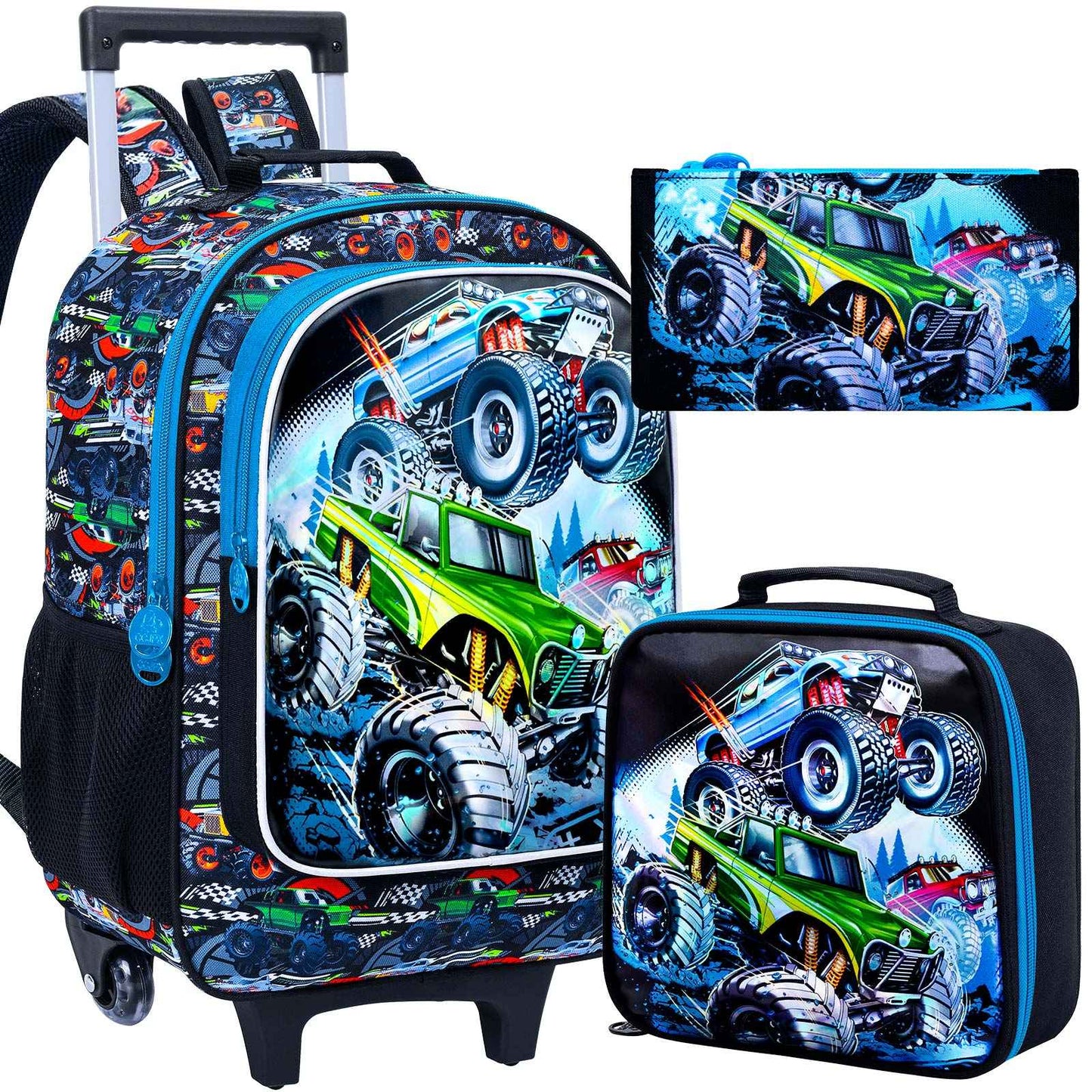 Mochila de Rodinhas 3 Peças para Meninas e Meninos, Mochila Escolar Infantil com Rodinhas, Bolsa Escolar Elementar com Rodas e Lancheira