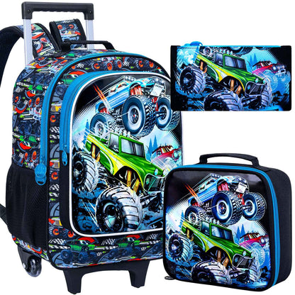 Mochila de Rodinhas 3 Peças para Meninas e Meninos, Mochila Escolar Infantil com Rodinhas, Bolsa Escolar Elementar com Rodas e Lancheira