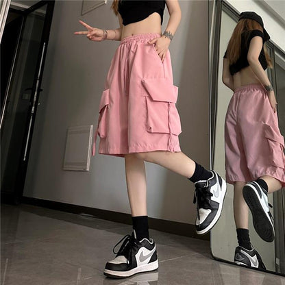 Y2K Cargo Shorts Women Harajuku Black Oversized Wide Leg Shorts Summer Streetwear Fashion High Waist Baggy Lady Short Pants Pink
