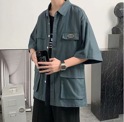 Shirts For Men With Pocket Cargo Man Shirt Loose Korean Style Casual Asia Cool Hipster Original Half Sleeve Fashion Collar I Xxl