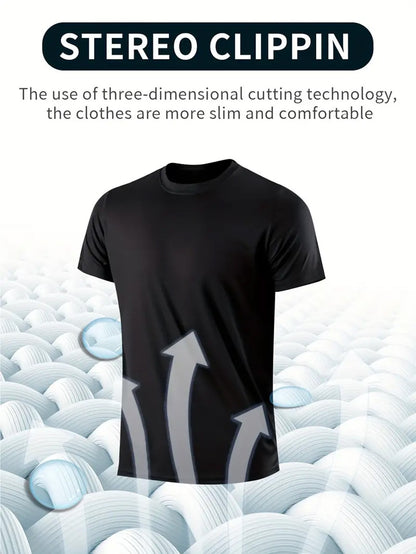Round Neck T-Shirt 1 Piece Black Ultra-Light Men's Quick Drying Breathable Sweat-Absorbent Shirt Suitable for Fitness Gym and Ru