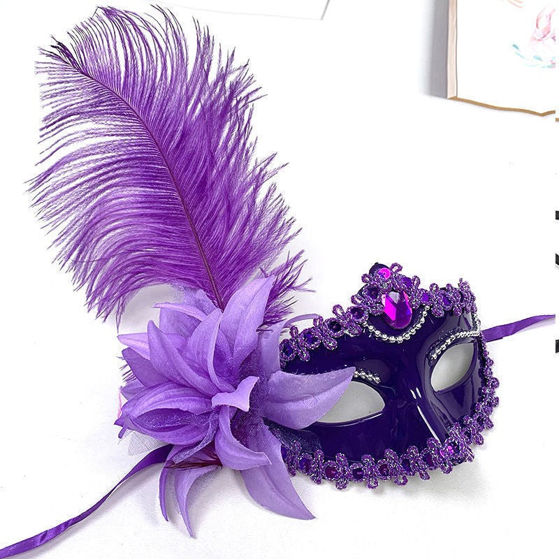 Feather Rhinestones Masquerade Mask Lace Women Flower Fashion Half Face Sexy Halloween Christmas Easter Cosplay Party Prom White