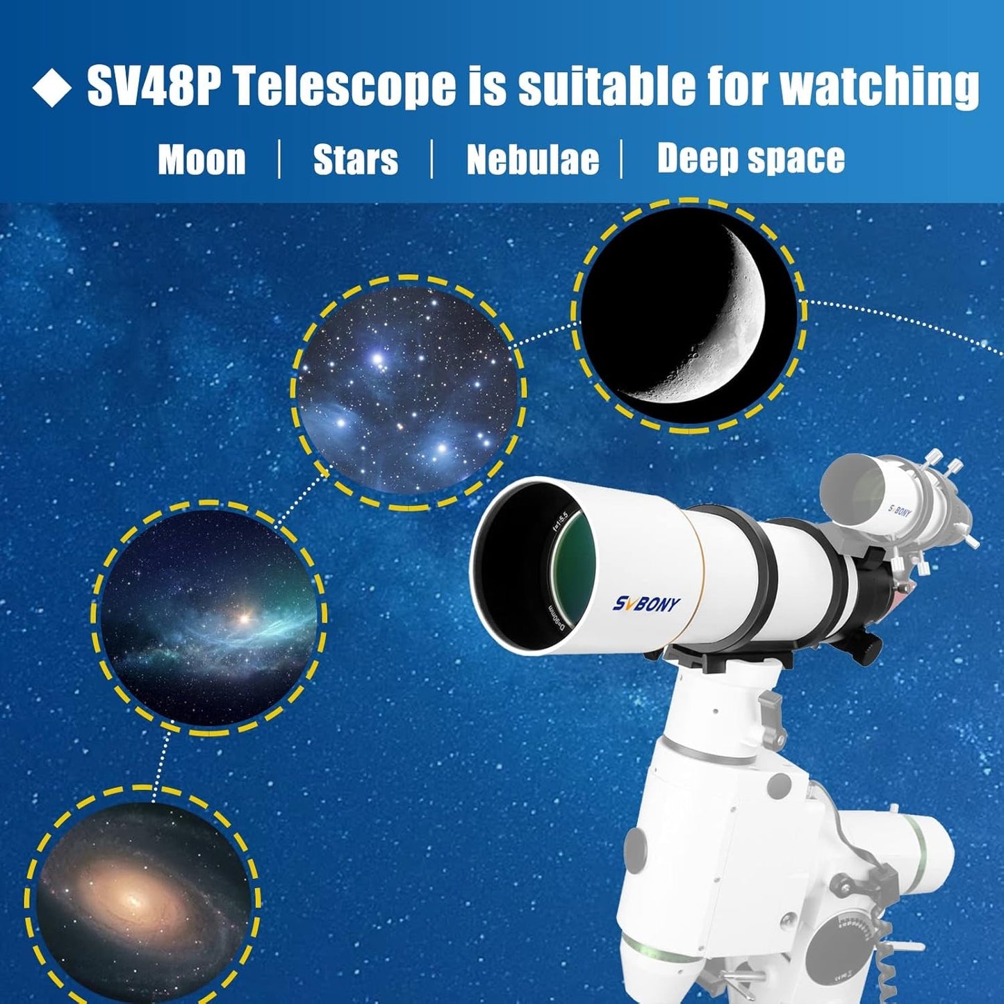 Telescópio Astronômico Refrator Svbony SV48P 90/102mm Abertura OTA com Focador de Duas Velocidades para Astrofotografia de Céu Profundo