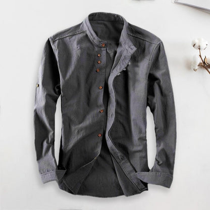 Japan Style Men Cotton Linen Shirt Long Sleeve Slim Fit Single-breasted Cardigan Shirt Harajuku Stand Collar Men Casual Shirts