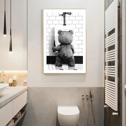 Black White Cute Bear Bathroom Decoration Poster Canvas Print Painting Wall Picture Art Modern Fashion Room Home Toilet Decor