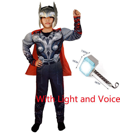SuperHero Kids Thor Muscle Cosplay Costumes Clothes Led Harmmer Children Axe Halloween Christmas Gift