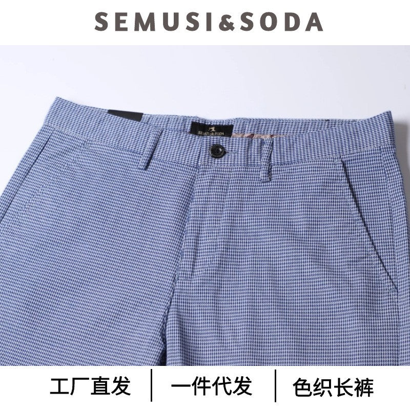 Summer Plaid Pants Men Slim Blue Suit Pants Men Stretch Business Formal Trousers Men