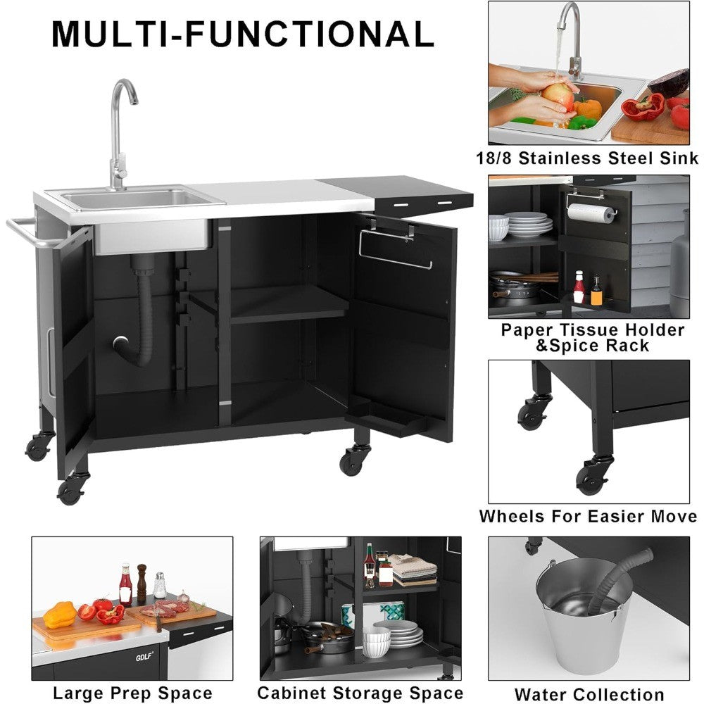 Mesa para churrasqueira externa com pia, carrinho de metal para churrasqueira, ilha de cozinha externa com pia de aço inoxidável, L145*A55cm