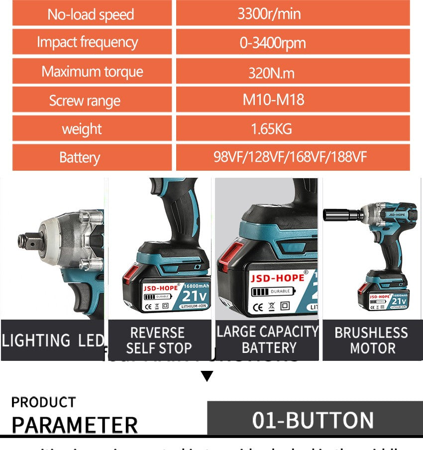 Chave de impacto elétrica sem escovas com carregador de lítio, ferramenta de reparo automotivo manual de alto torque, com soquetes, tipo pistola de impacto.