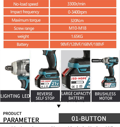 Chave de impacto elétrica sem escovas com carregador de lítio, ferramenta de reparo automotivo manual de alto torque, com soquetes, tipo pistola de impacto.
