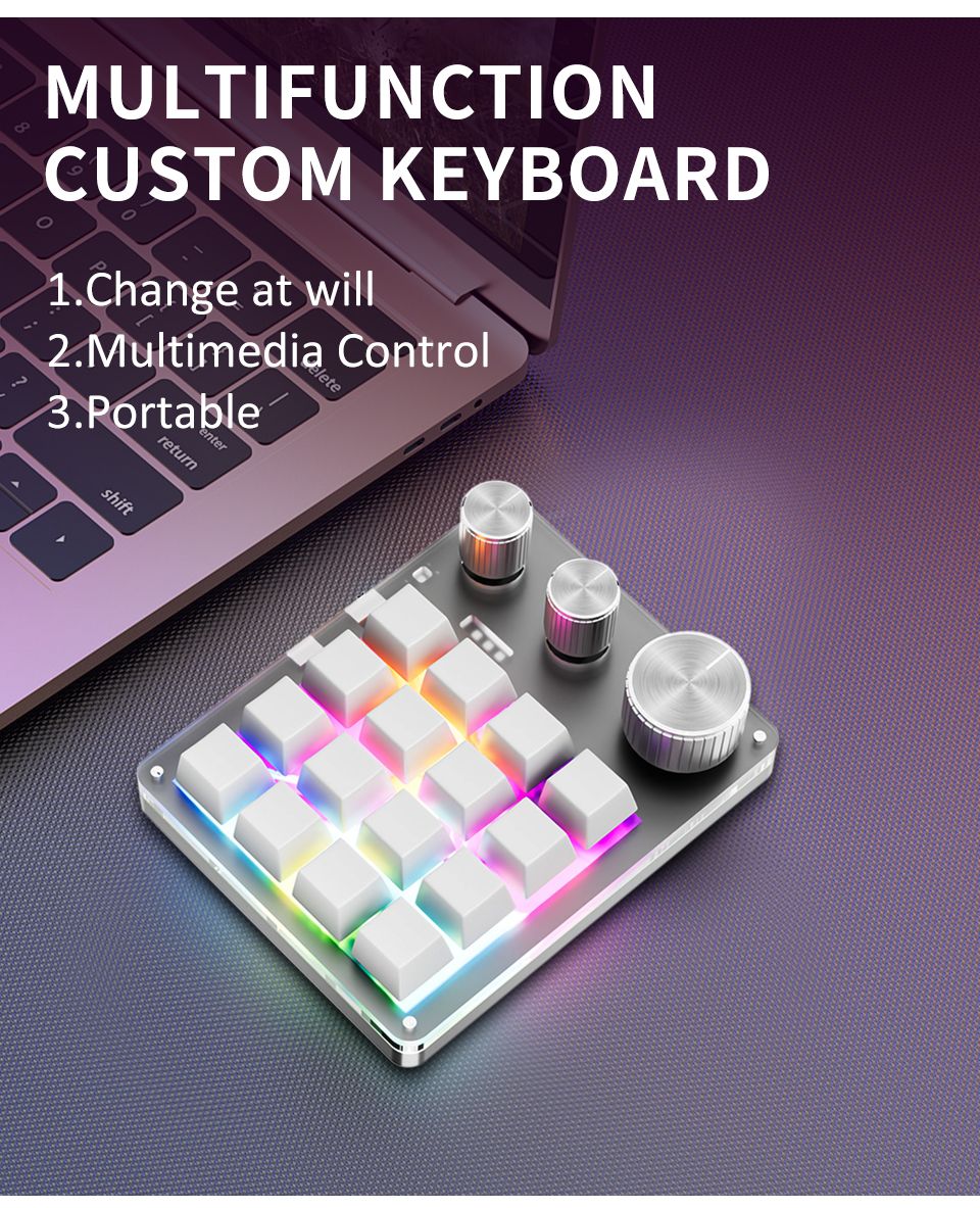 2.4G Personalize Bluetooth 3 Modos USB Teclado Mecânico Personalizado com Botão de Volume Botão Programável Macro Gaming 16 Teclas