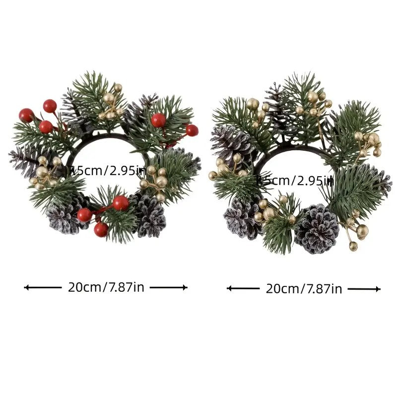 1/2pcs Christmas Candle Holders with Artificial Pine Branches & Berries New Year Tabletop Home Decorations Candle Wreath Gifts