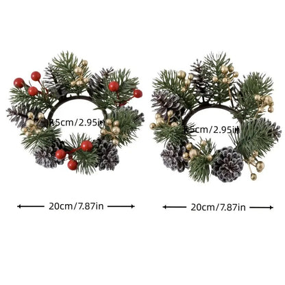 1/2pcs Christmas Candle Holders with Artificial Pine Branches & Berries New Year Tabletop Home Decorations Candle Wreath Gifts