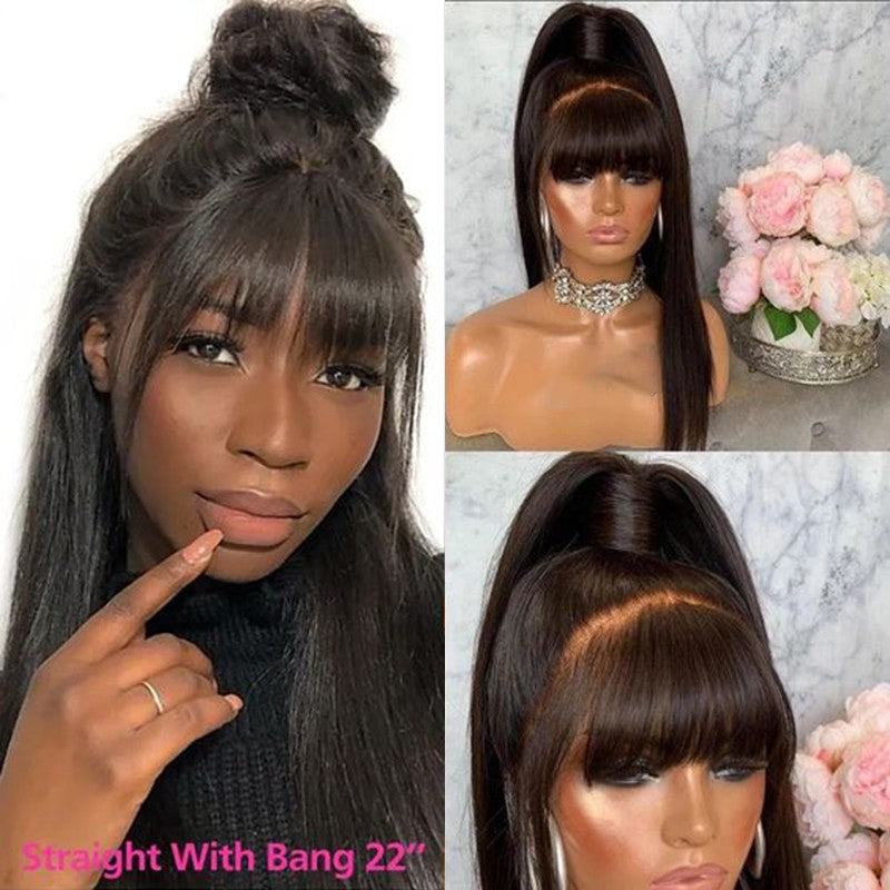 Peruca Full Lace Frontal 360 com Franja Lisa, Peruca Frontal de Renda Cabelo Humano Cru Com Franja, Perucas Brasileiras Sem Cola em Promoção/Liquidação
