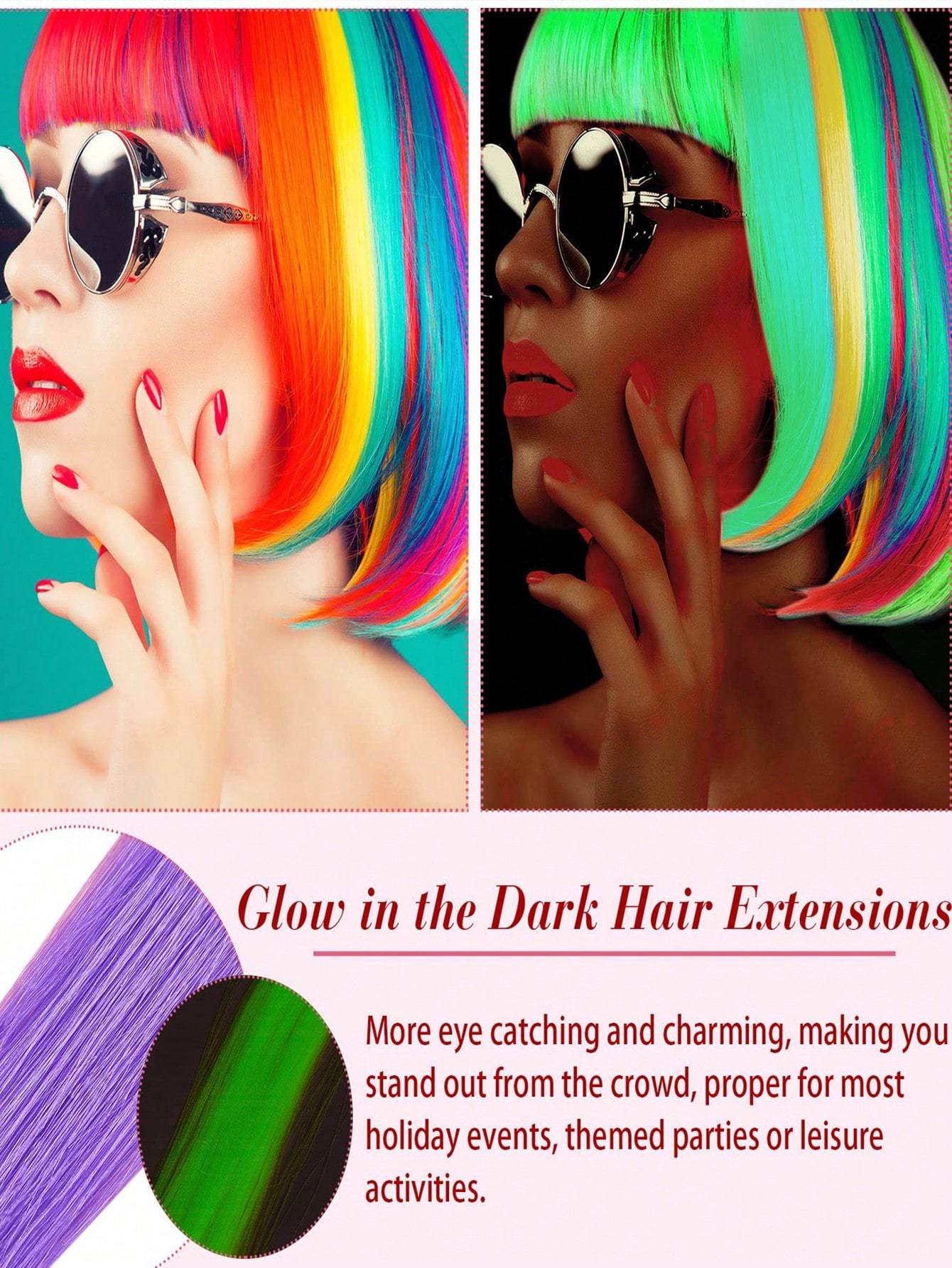 Extensões de Cabelo Presilha Luminosas Neon, 9 peças, para Festas, Festivais, Natal, que Brilham no Escuro, Acessórios de Cabelo Sintéticos para Mulheres