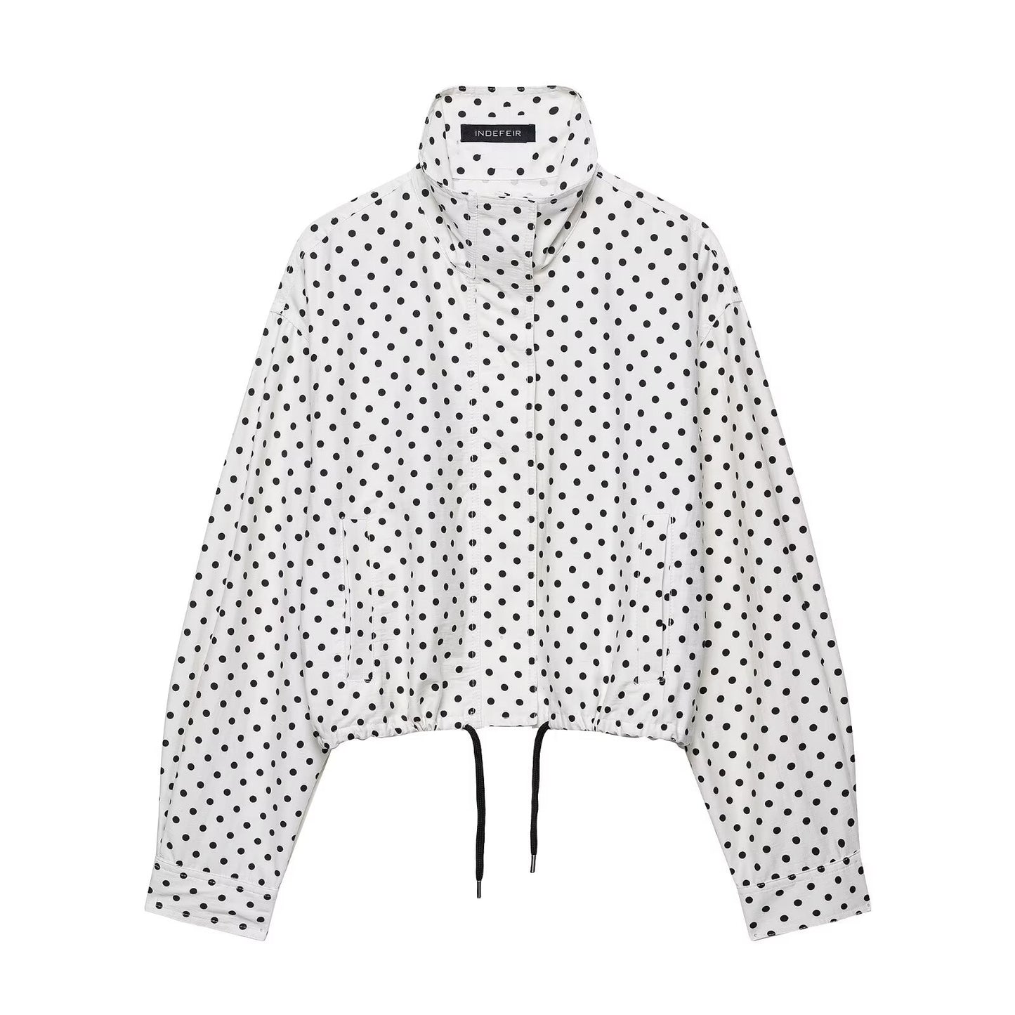 HH Woman Autumn Long Sleeves Turtleneck Zipper With Pockets Drawstring Casual Coats Women Fashion Polka Dot Printed Jacket