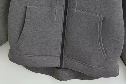 Autumn Women Gray Jacket with Hood Long Sleeve Big Pocket Zipper Jacket Coat Woman Loose Casual Outerwear Coat Tops