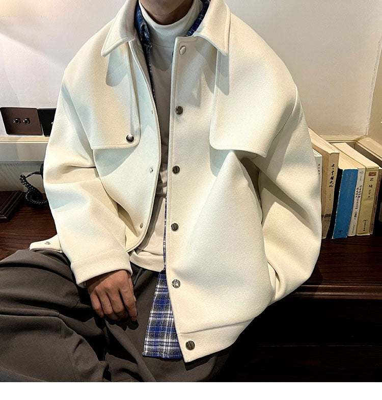 Winter Short Woolen Coat Men Warm Retro Thickened Woolen Jacket Men Streetwear Korean Loose Woolen Coat Mens Oversized Overcoat