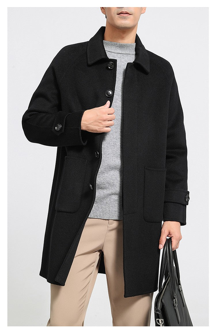 Mid-Length Single-Breasted Polo Collar Men's Overcoat Double-Sided Woolen 100% Pure Wool High-End Coat Fashion Men's Clothing