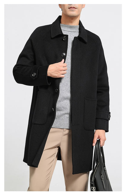Mid-Length Single-Breasted Polo Collar Men's Overcoat Double-Sided Woolen 100% Pure Wool High-End Coat Fashion Men's Clothing