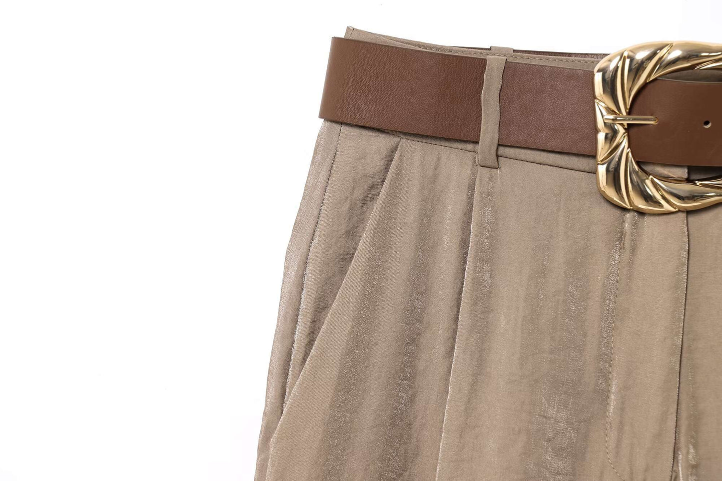 HH Women New Fashion Solid Belt Wrinkles Decorate Casual Loose Trousers Female Chic Zipper Side Pocket Slim Wide Leg Pants