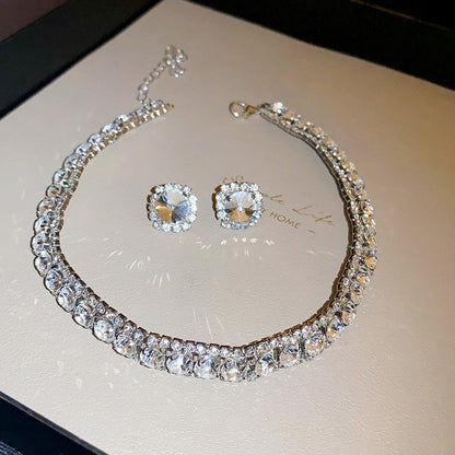 Conjunto de Joias Femininas com Colar de Luxo Verde Strass Brincos de Cristal Gargantilha Colares para Casamentos e Banquetes
