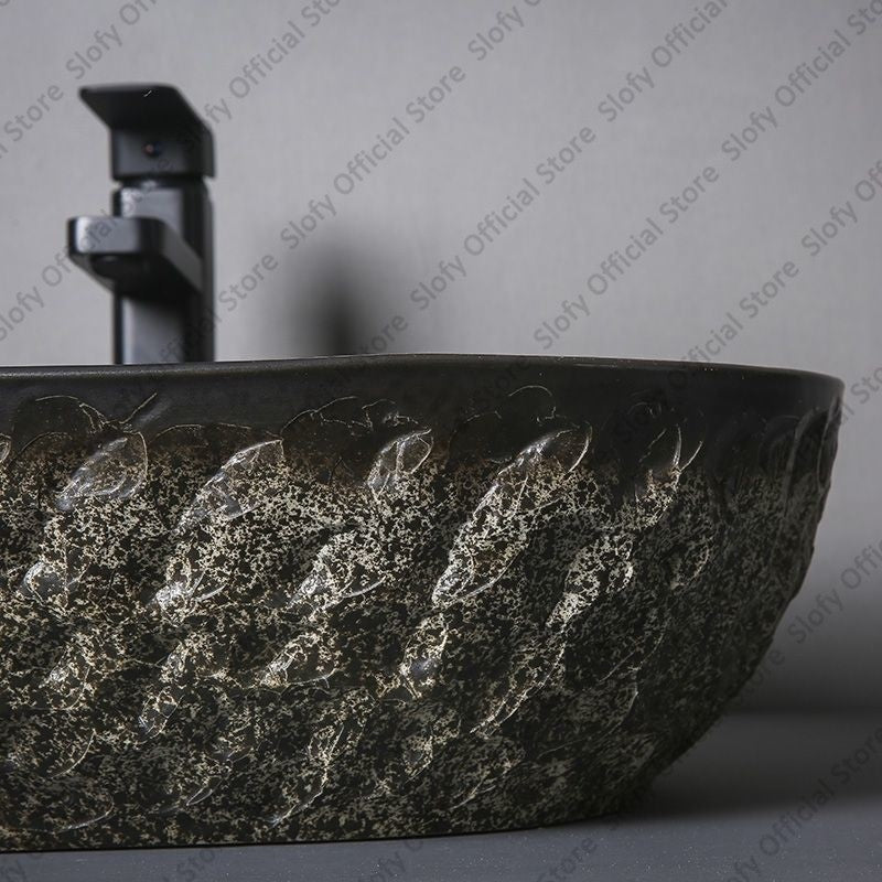 Vintage Style Ceramic Washbasin Black Artistic Hotel Family Bathroom Sink Basins Large Oval Balcony Garden Outdoor Washing Basin