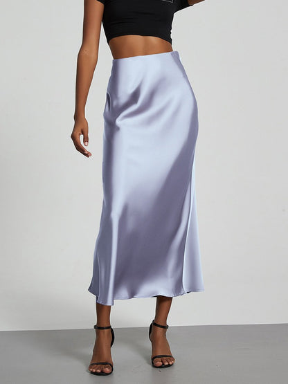 Fashion Satin Party Long Skirt High Waist Solid Color Casual Basic Women Skirts