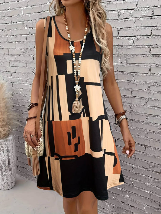 Spring&Summer Women's Geometric Pattern Sleeveless Dress For Summer Vacation,dre