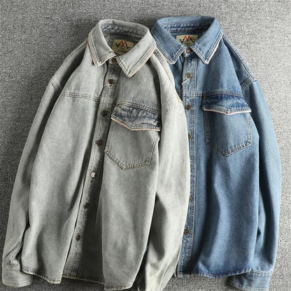 Autumn New American Retro Heavyweight Single Pocket Denim Cargo Shirt Men's Simple 100% Cotton Washed Casual Blouses Thin Jacket