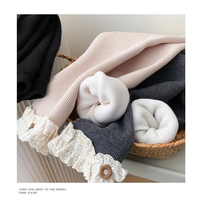 Girls Slim Fit Leggings Kids Cozy Fleece Lined Winter Pants with Decorative Lace Edging Children Outdoor Wear Clothing