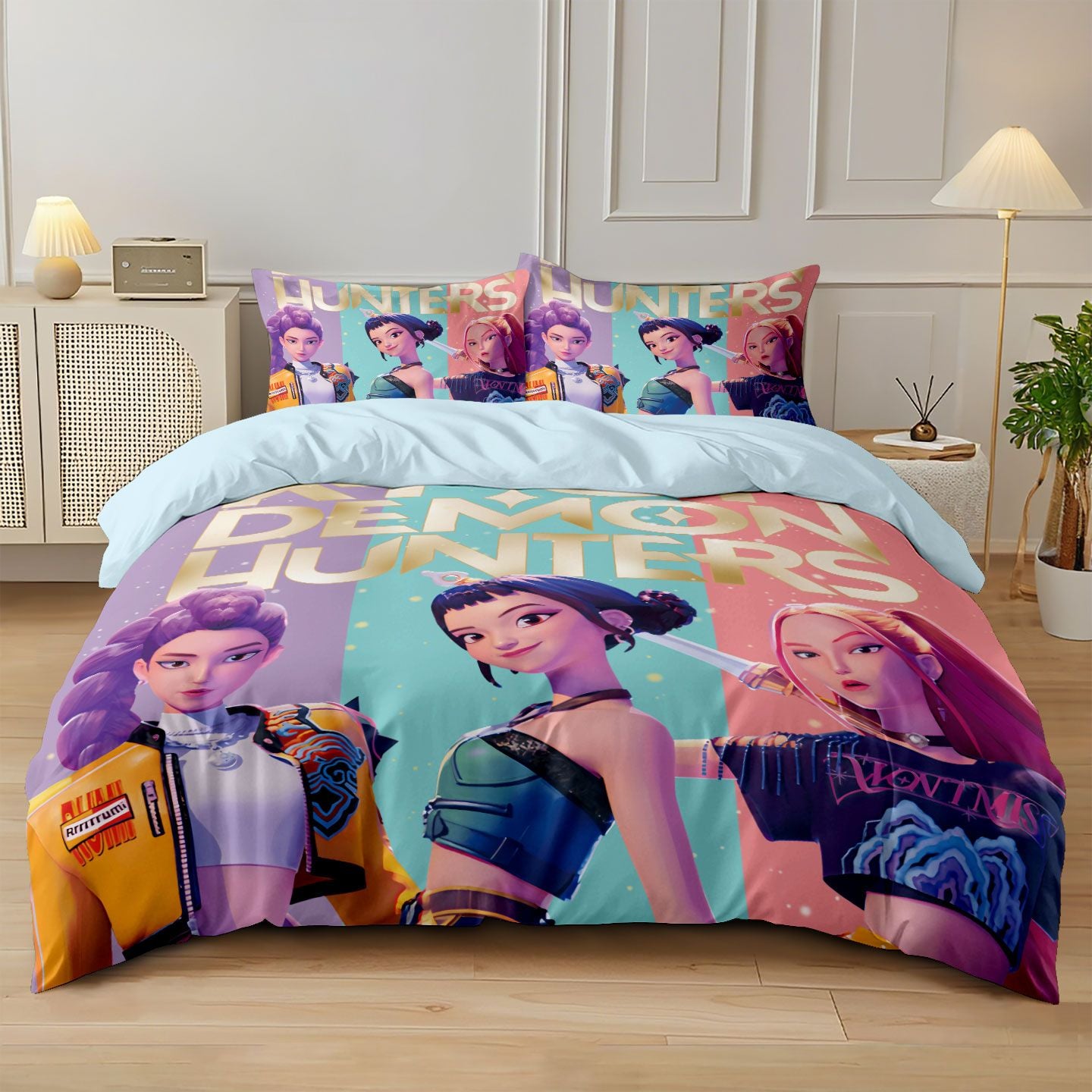 Conjunto de Cama Rumi K-Pop Caçadores de Demônios Temático 2 Lados Estampa Colorida Poliéster Lençol de Dormitório Estudantil Capa de Edredom Presente Infantil