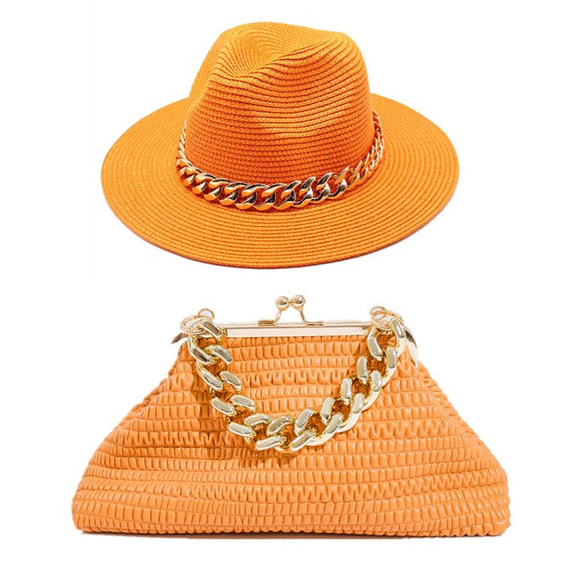 Set Straw Hat and Bag Set Gold Chain Bag Hat Set Ladies Leather Bag Tote Church Fedora Party Jazz Straw Hat